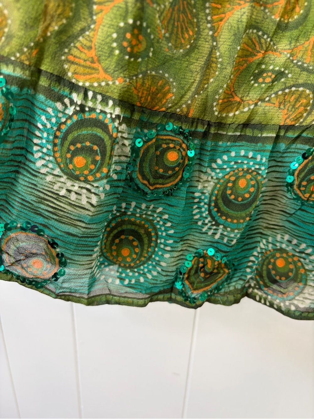 Vintage Boho Sequin Tiered Midi Maxi Skirt Size Medium Green Blue Festival Fairy - Picture 6 of 11
